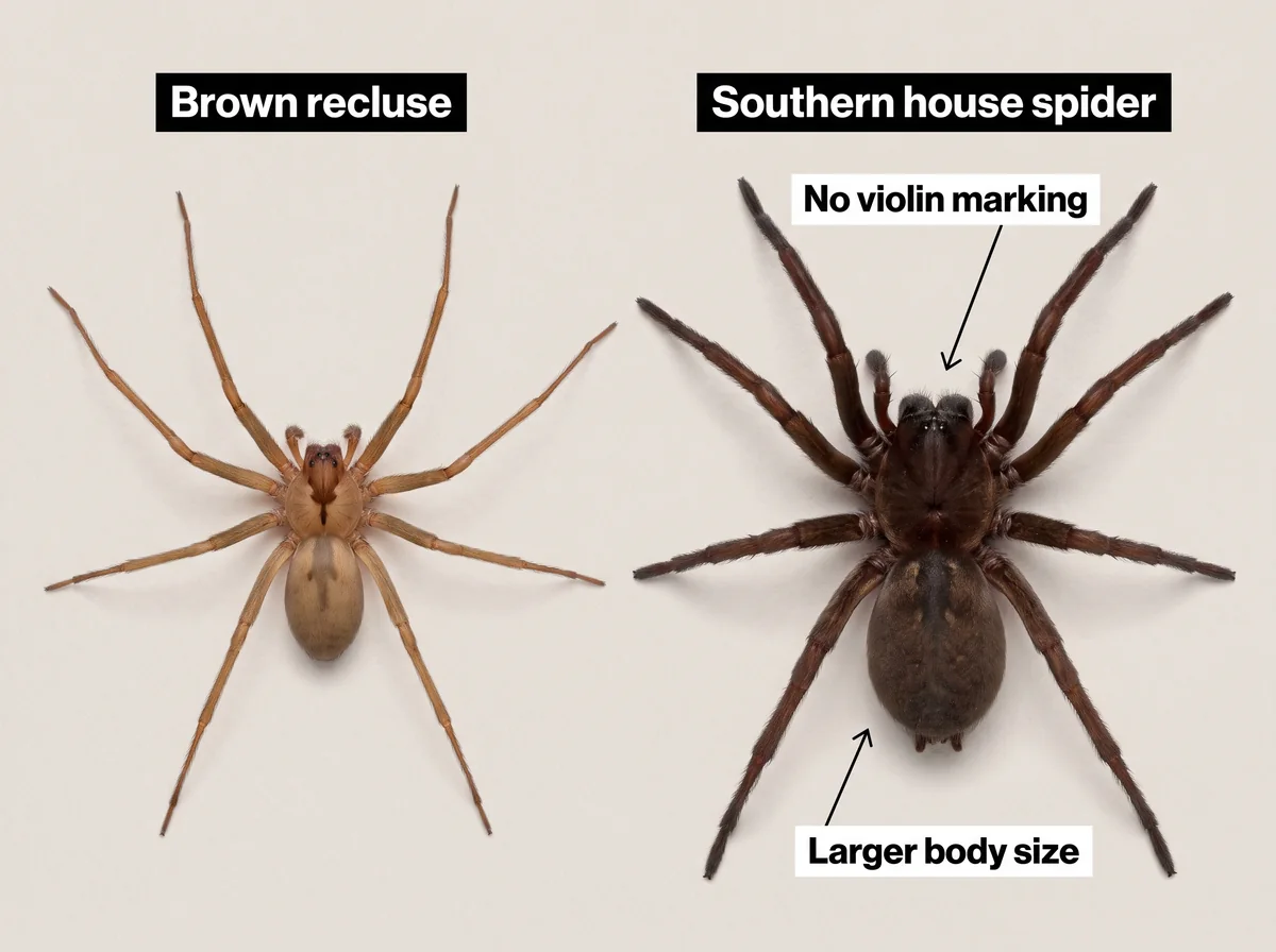 Comparison image showing a brown recluse beside a southern house spider to highlight size and marking differences.