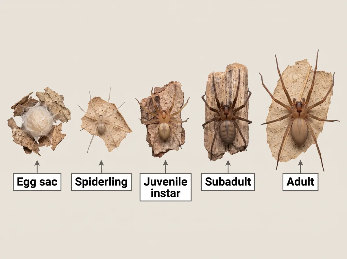 Illustrated timeline of brown recluse life stages from egg sac through spiderling to full-grown adult.