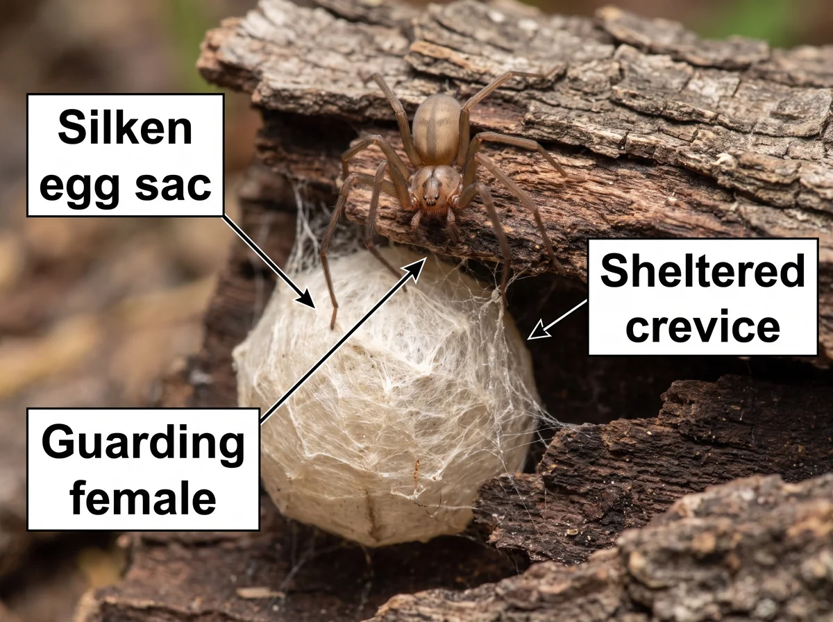Close-up of an off-white brown recluse egg sac tucked into a dark crevice with the female spider nearby.