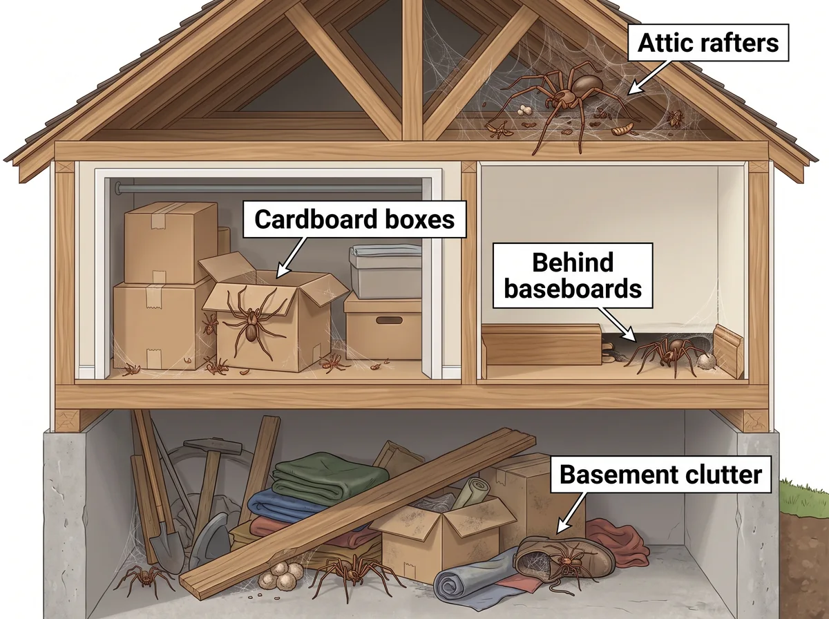 Cutaway house illustration marking common brown recluse hiding spots in closets, attics, and basements.