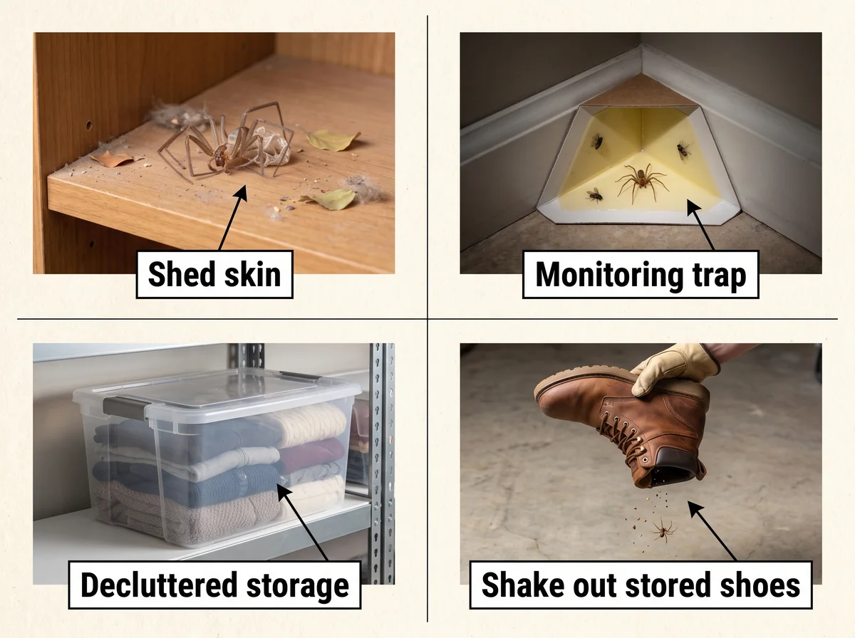 Checklist graphic showing signs of brown recluse activity and simple prevention steps like shaking out shoes.